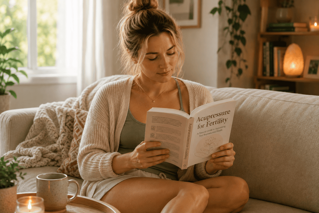 Woman at home reading a book about using acupressure to support fertility.