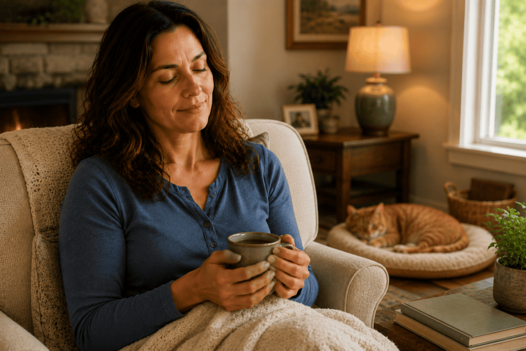 Person looking calm, relaxed, and comfortable after a gentle acupressure session.