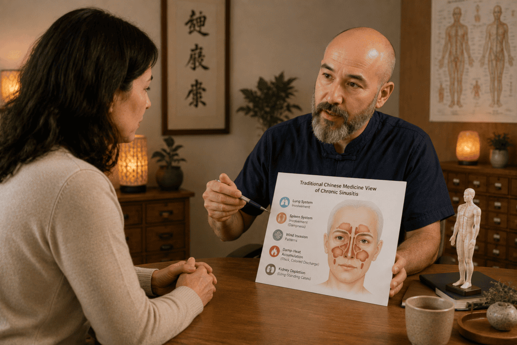 Licensed acupuncturist in warm consultation with a patient discussing the Chinese medicine view of chronic sinusitis.