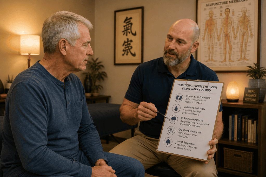 Licensed acupuncturist in warm consultation with a patient discussing the Chinese medicine framework for DDD including Kidney-Bone connection.