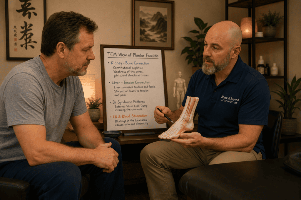 Licensed acupuncturist in warm consultation with a patient discussing the Chinese medicine framework for plantar fasciitis.