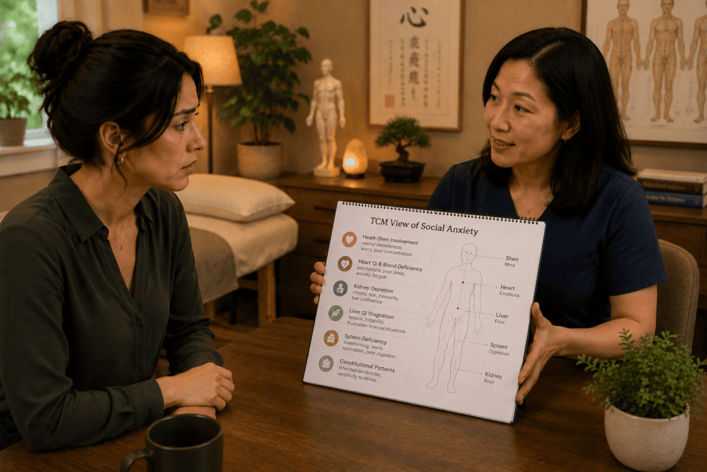 Licensed acupuncturist in warm consultation with a patient discussing the Chinese medicine view of social anxiety.