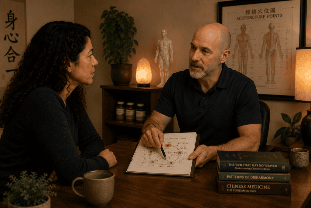 Licensed acupuncturist in warm consultation with a patient discussing the Chinese medicine view of general anxiety disorder.