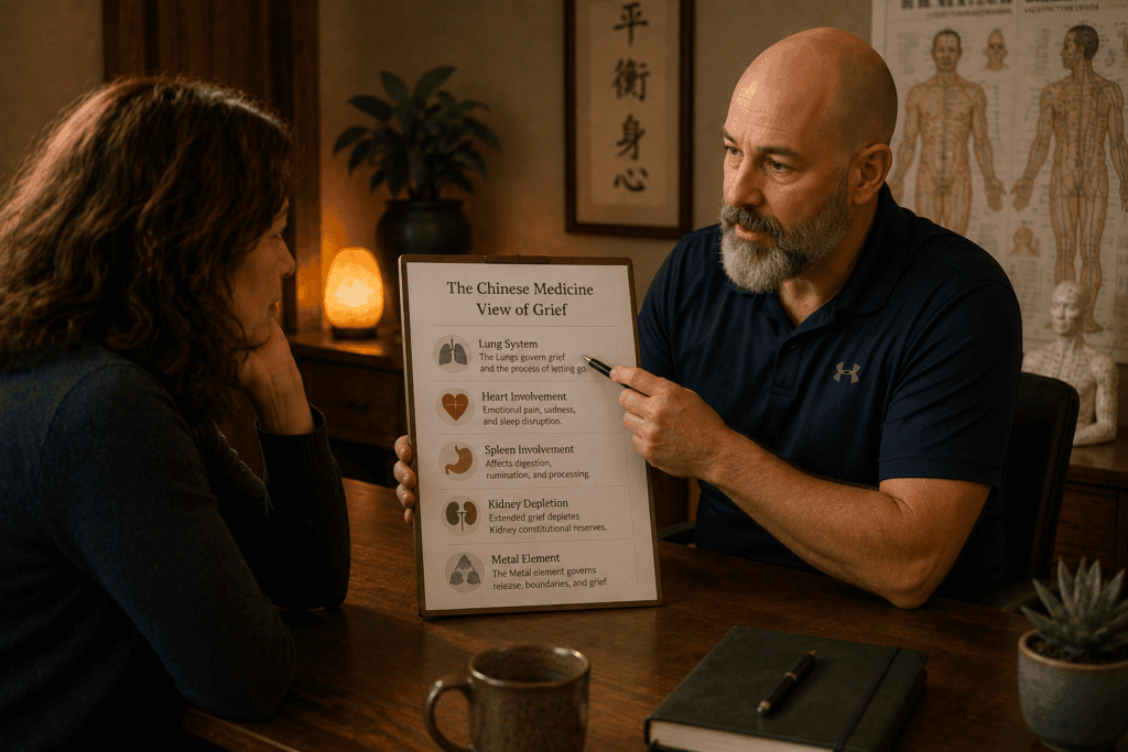 Licensed acupuncturist in warm consultation with a patient discussing the Chinese medicine view of grief including the Lung system connection.