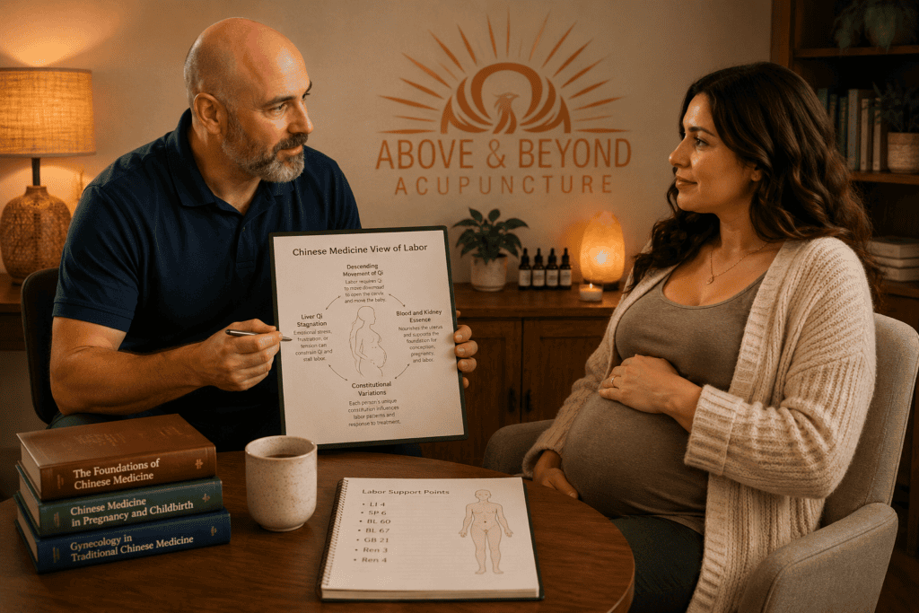 Licensed acupuncturist in warm consultation with a pregnant patient discussing the Chinese medicine view of labor and pregnancy.