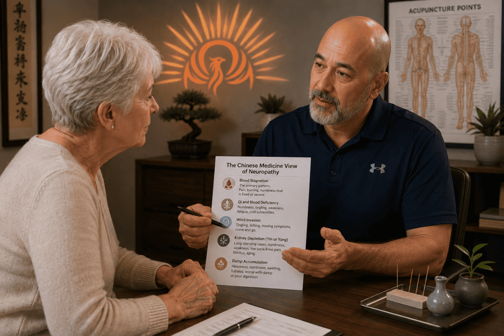 Licensed acupuncturist in warm consultation with a patient discussing the Chinese medicine view of neuropathy and the underlying patterns.