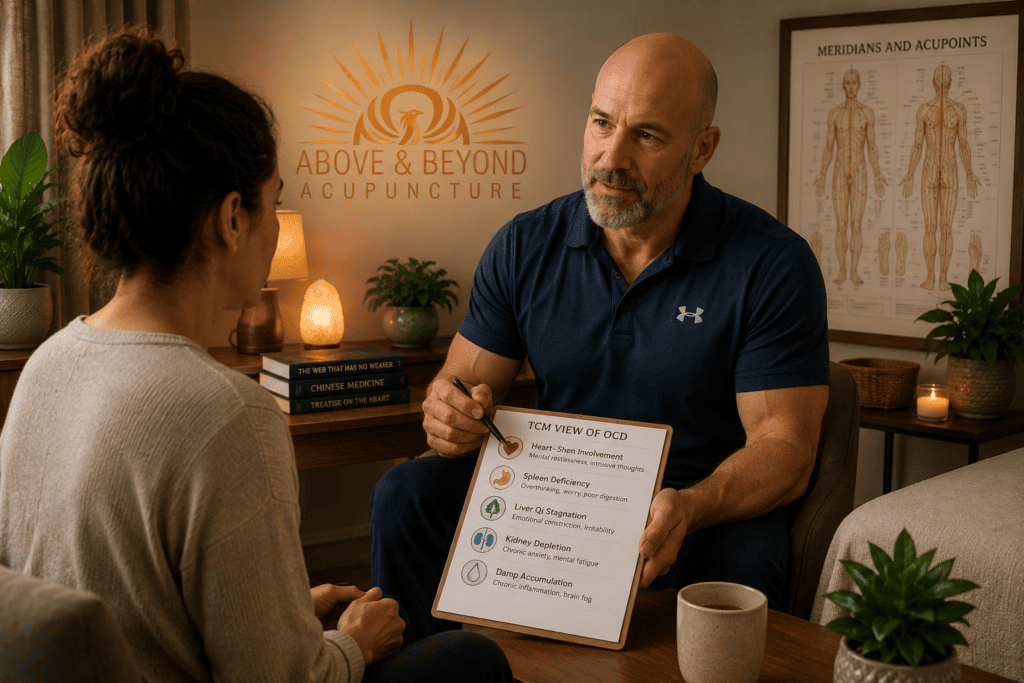 Licensed acupuncturist in warm consultation with a patient discussing the Chinese medicine view of OCD and the underlying patterns.
