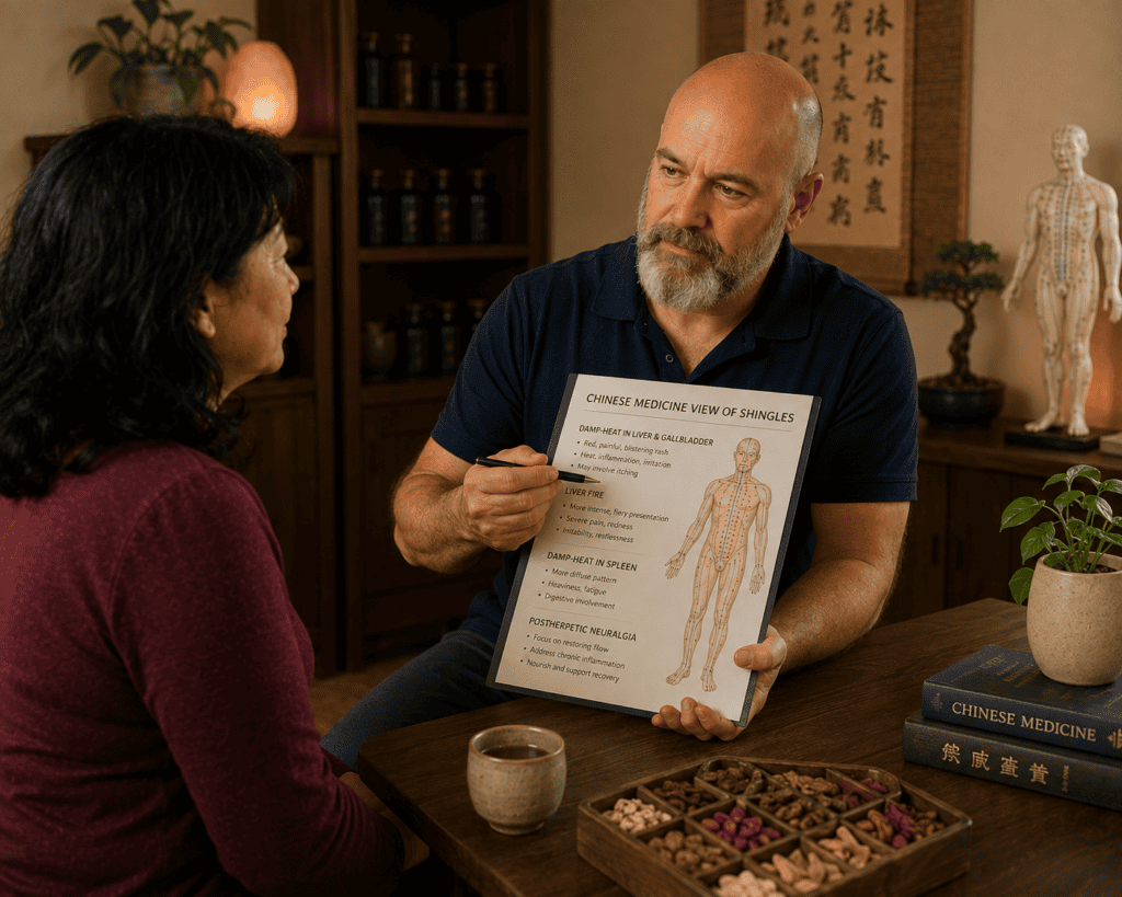 Licensed acupuncturist in warm consultation with a patient discussing the Chinese medicine view of shingles including Damp-Heat and Liver Fire patterns.