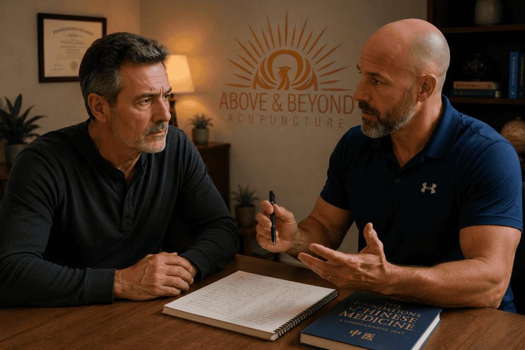 Licensed acupuncturist in warm consultation with a patient discussing the Chinese medicine view of tinnitus and the underlying patterns.