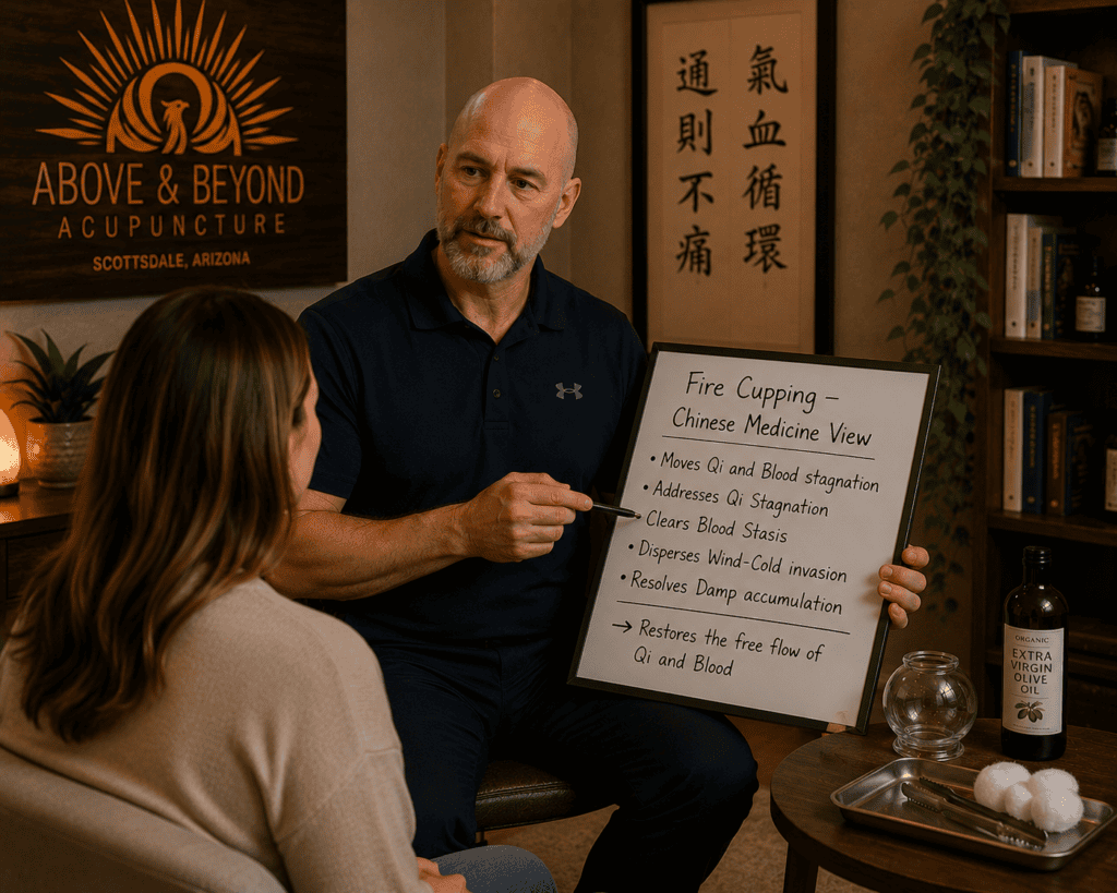 Licensed acupuncturist in warm consultation with a patient discussing the Chinese medicine view of how fire cupping moves Qi and Blood stagnation.