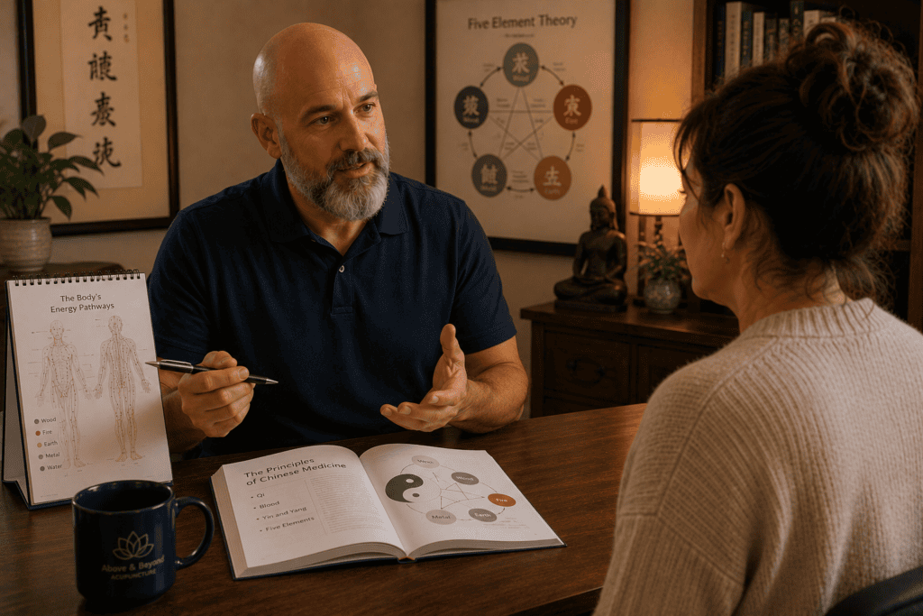 Licensed acupuncturist in warm consultation with a patient explaining the Chinese medicine view of healing including patterns and balance.