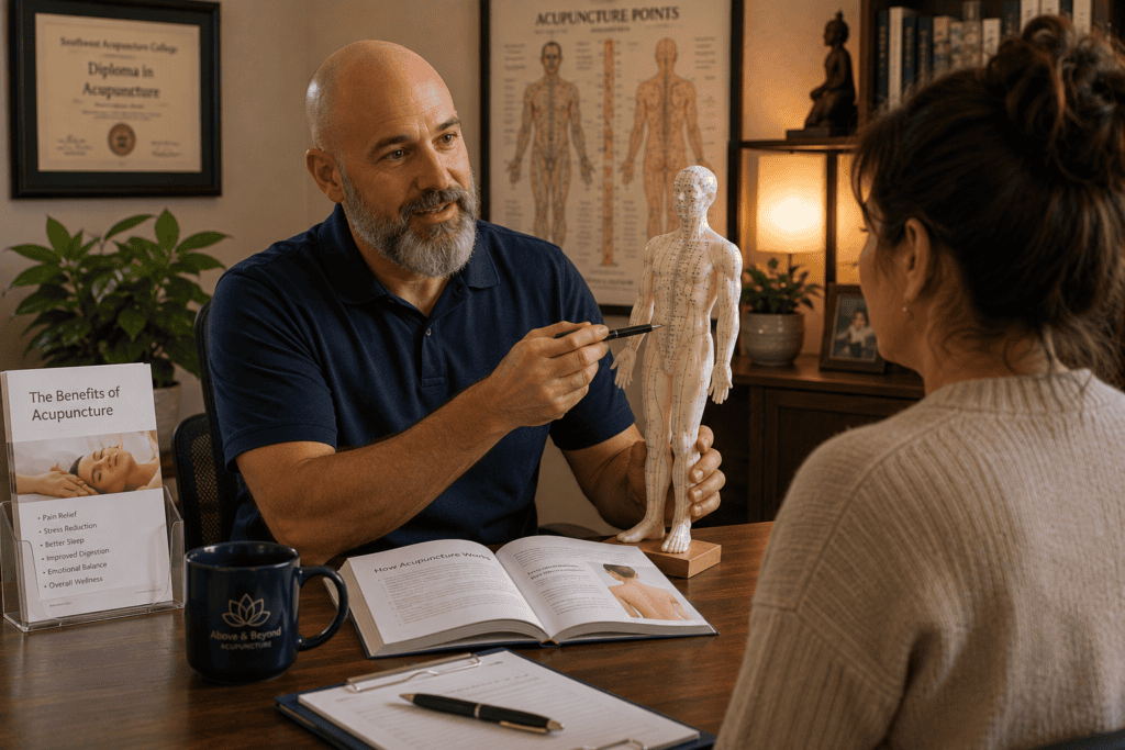Licensed acupuncturist explaining acupuncture treatment to a new patient in a warm consultation setting.