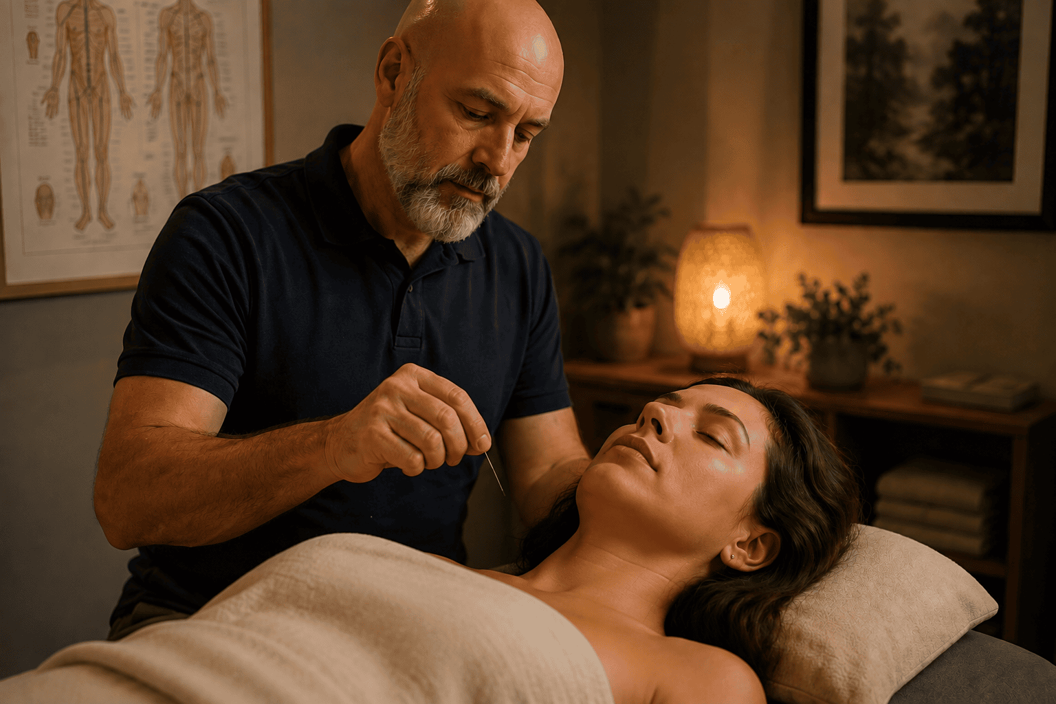 Licensed acupuncturist gently placing fine sterile needles at specific points on a patient during a calming treatment session.