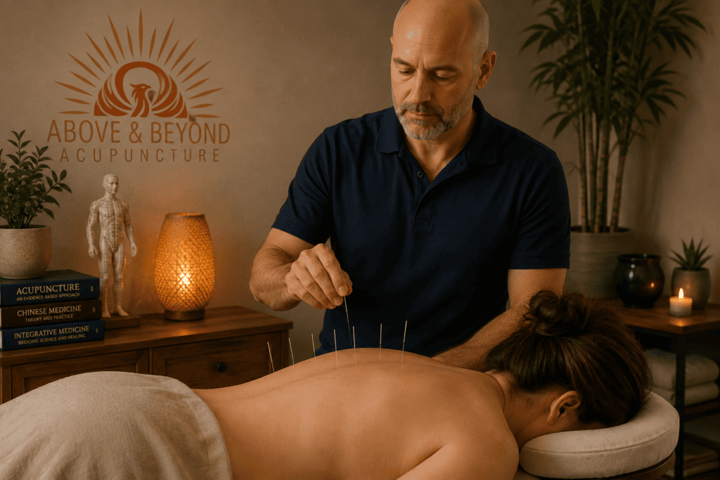 Licensed acupuncturist placing needles during a treatment session, representing where acupuncture sits within the broader alternative medicine landscape.