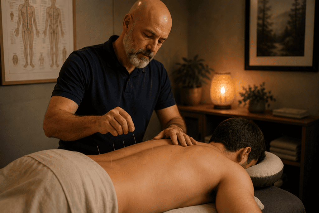 Licensed acupuncturist placing fine sterile acupuncture needles into a male patient’s low back during a treatment session.