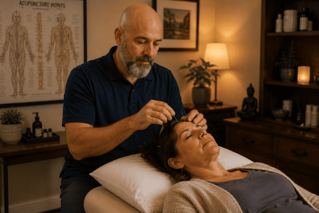 Licensed acupuncturist gently placing fine acupuncture needles on a patient during a treatment session.