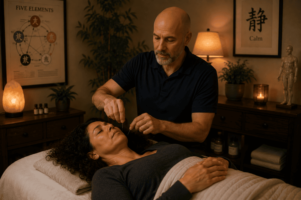 Licensed acupuncturist gently placing acupuncture needles on a patient during a treatment session supporting chronic anxiety.