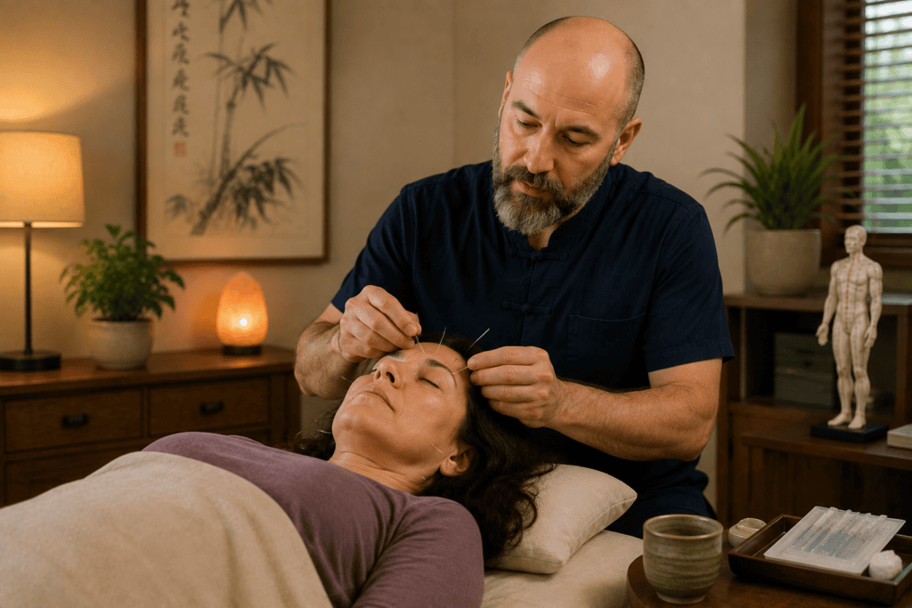 Licensed acupuncturist gently placing acupuncture needles on a patient's face and forehead during a treatment session for chronic sinusitis.