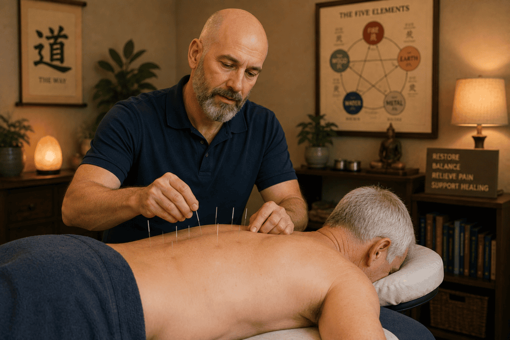 Licensed acupuncturist gently placing fine acupuncture needles along a patient's back during a treatment session for degenerative disc disease.