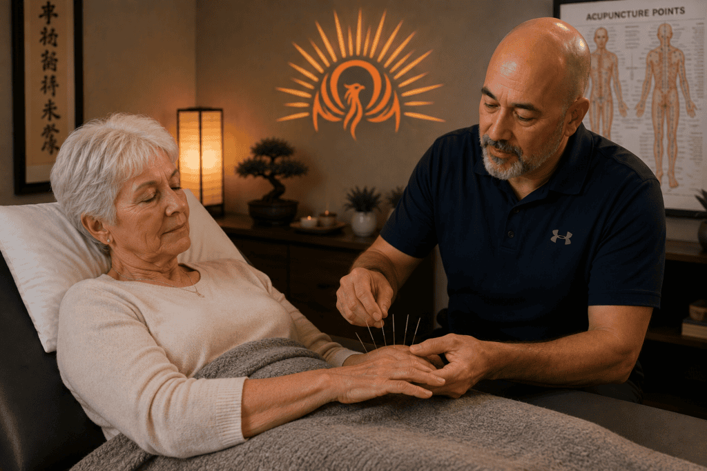 Licensed acupuncturist placing acupuncture needles on the hands or feet of a patient during a neuropathy treatment session. Caption: Acupuncture addresses neuropathy through effects that produce meaningful relief.