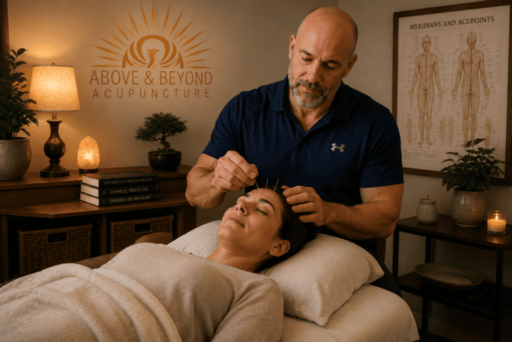 Licensed acupuncturist gently placing acupuncture needles on a patient during a treatment session supporting OCD.