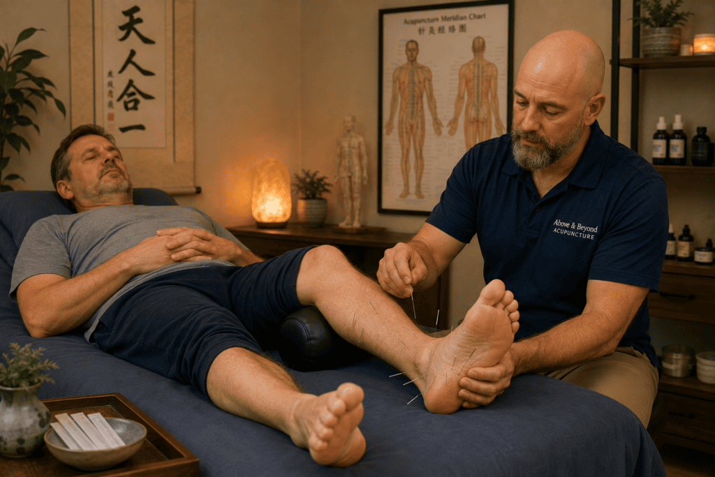 Licensed acupuncturist gently placing fine acupuncture needles around a patient's foot and lower leg during a treatment session for plantar fasciitis.