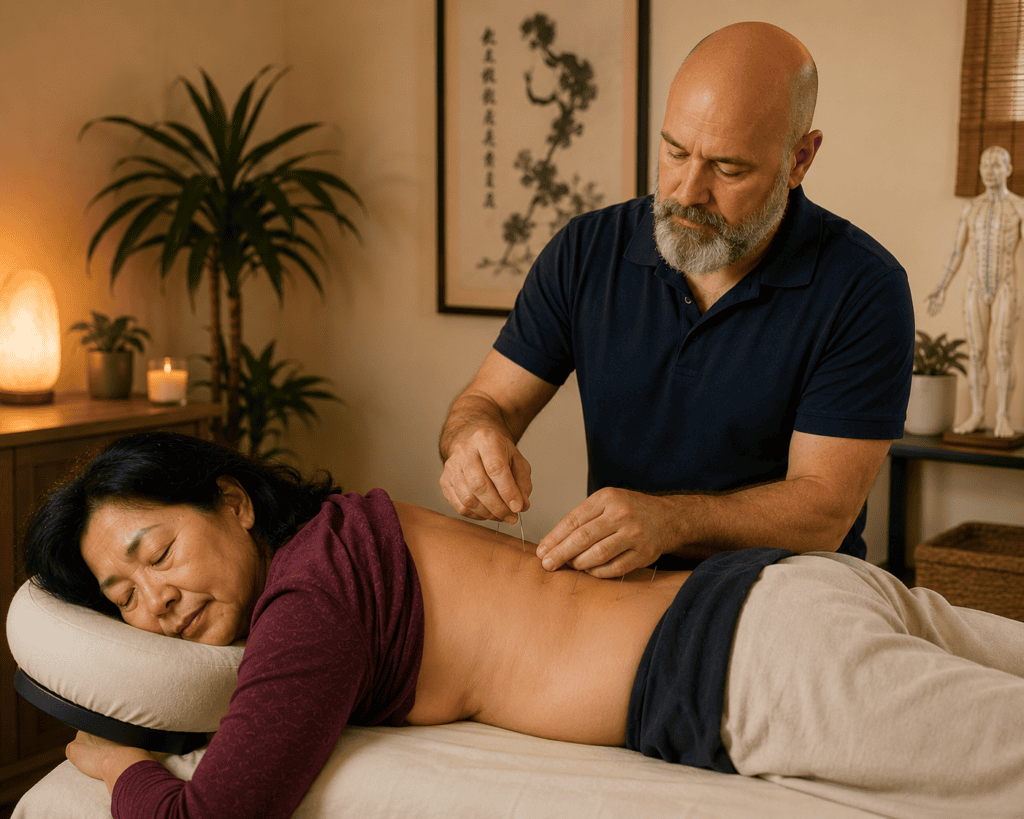 Licensed acupuncturist gently placing acupuncture needles on a patient during a treatment session for shingles or postherpetic neuralgia.