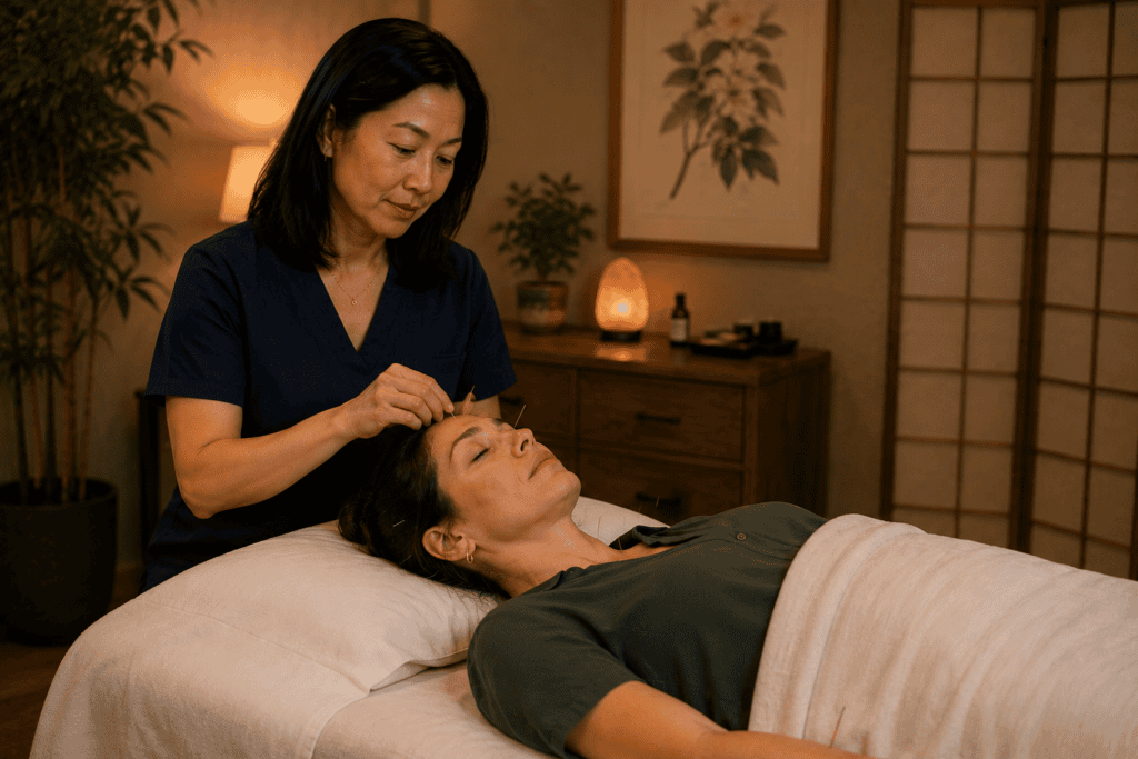 Licensed acupuncturist gently placing acupuncture needles on a patient during a treatment session supporting social anxiety.