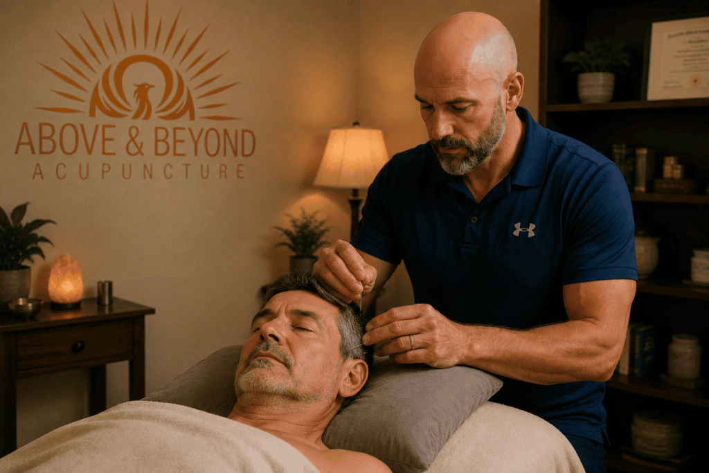 Licensed acupuncturist placing acupuncture needles on a patient during a treatment session supporting tinnitus quality of life.