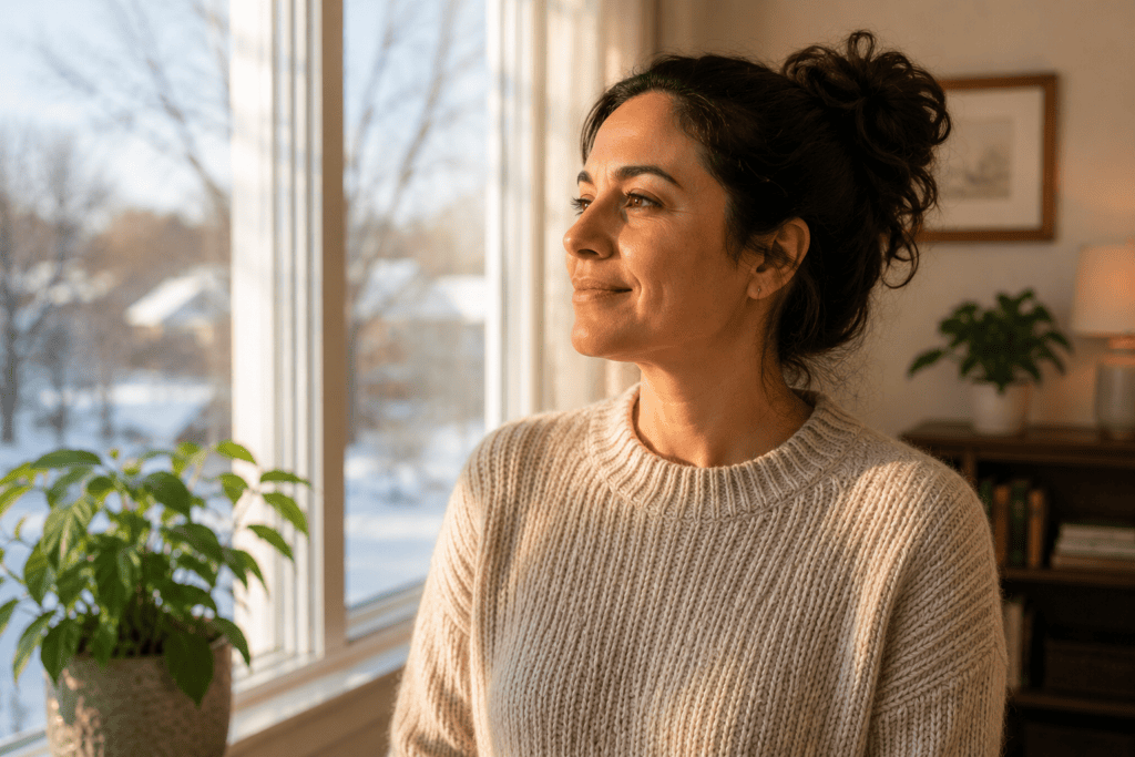 Person looking brighter and more energized in warm daylight by a window, calm and hopeful.