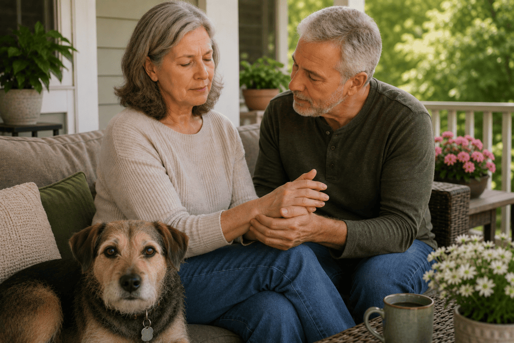 Older woman with arthritic hand pain sitting with her husband on their back porch as he gently rubs her hands, with their dog beside them.