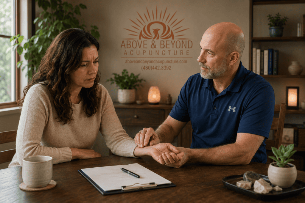 Acupuncturist taking a woman’s pulse while evaluating digestive symptoms associated with stress and worry.
