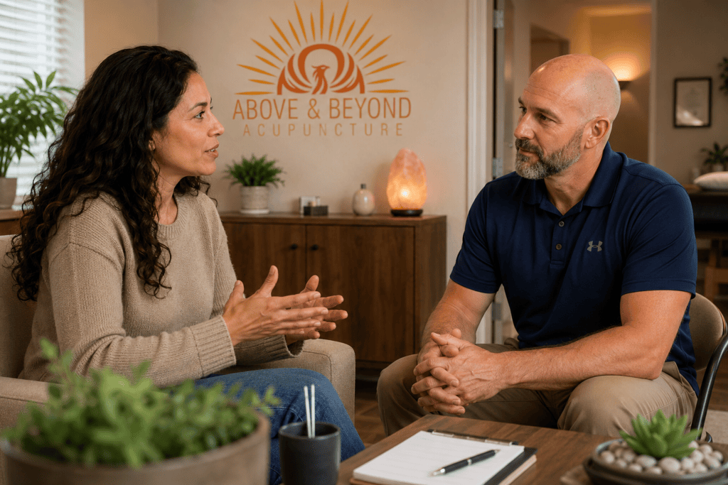 Acupuncturist talking with a woman about everyday habits that may contribute to digestive problems and recurring tension.