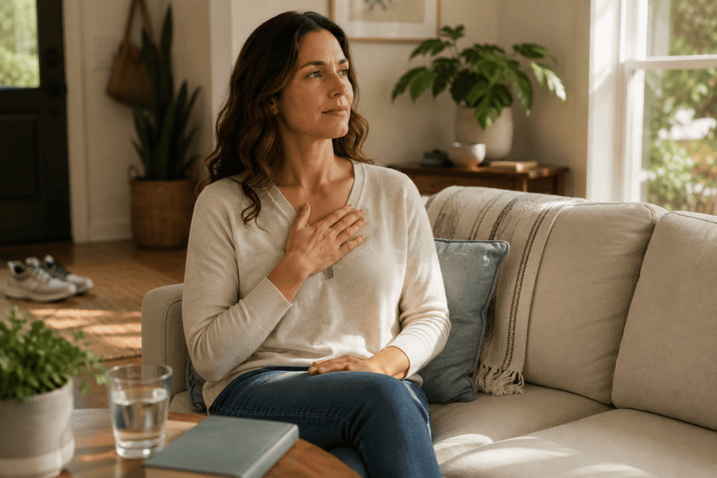 Woman sitting thoughtfully at home, representing a holistic approach that considers the whole person.