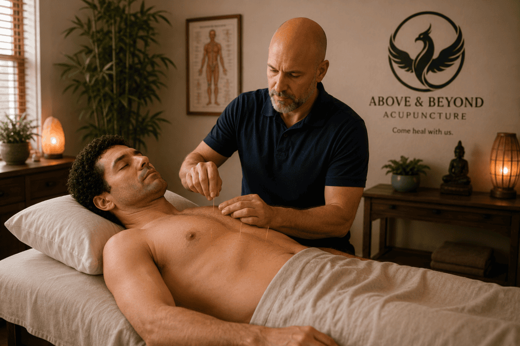 Young man receiving acupuncture treatment from a licensed acupuncturist after researching the scientific evidence supporting acupuncture.