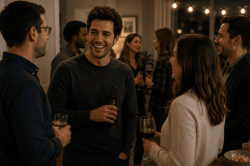 Young man smiling and comfortably talking with friends at a small house party after making progress managing social anxiety.