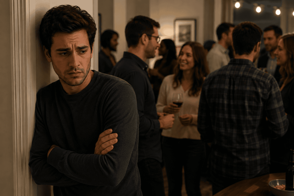 Young man standing alone at a house party with folded arms while other guests socialize comfortably around him, illustrating the isolation and self-consciousness of social anxiety.