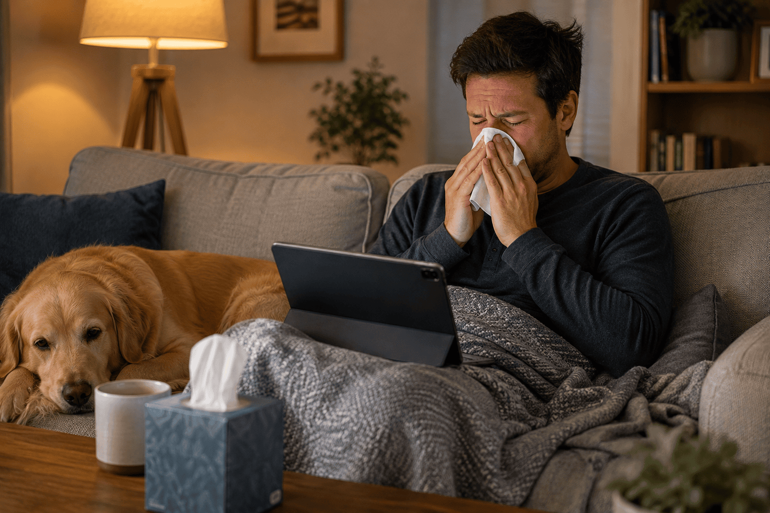 Man sitting on a couch sneezing into a tissue while using an iPad, with a golden retriever nearby, experiencing chronic sinusitis symptoms.