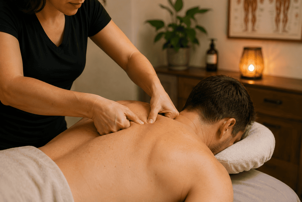 Massage therapist pressing both thumbs firmly into the upper trapezius muscle of a client lying face down on a treatment table, illustrating the Western bodywork definition of a pressure point.
