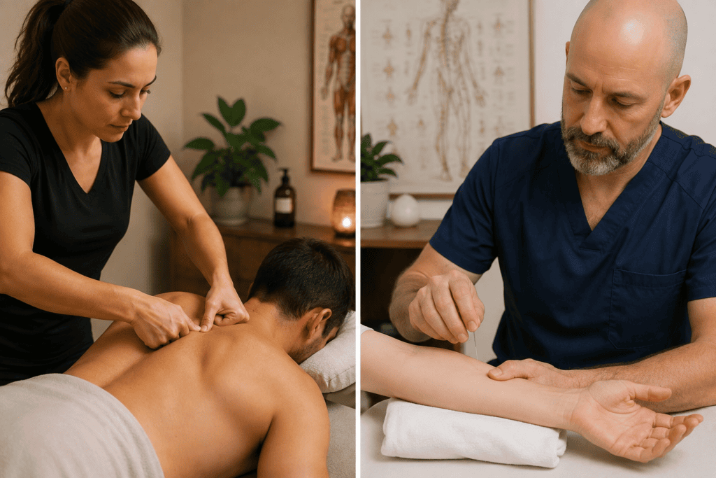 Massage therapist pressing both thumbs firmly into the upper trapezius muscle of a client lying face down on a treatment table, illustrating the Western bodywork definition of a pressure point.