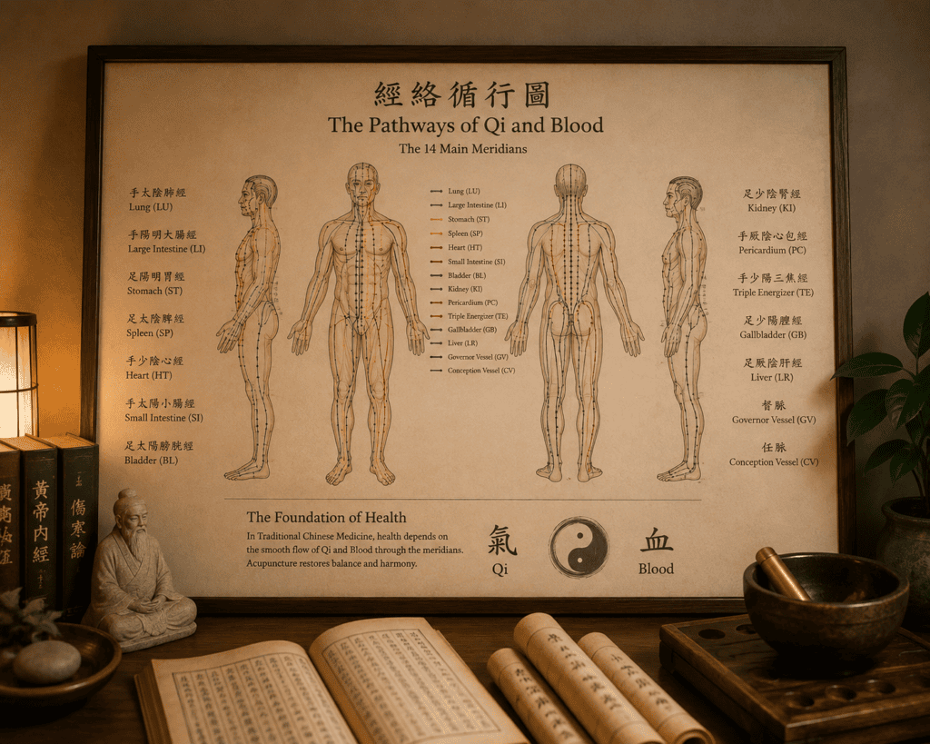 Anatomical illustration showing acupuncture meridians and points on the human body reflecting the traditional Chinese medicine map of the body's energy pathways.
