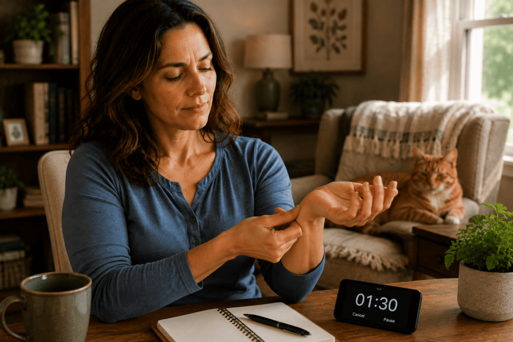 Person calmly pressing an acupressure point while checking the time for one to two minutes.