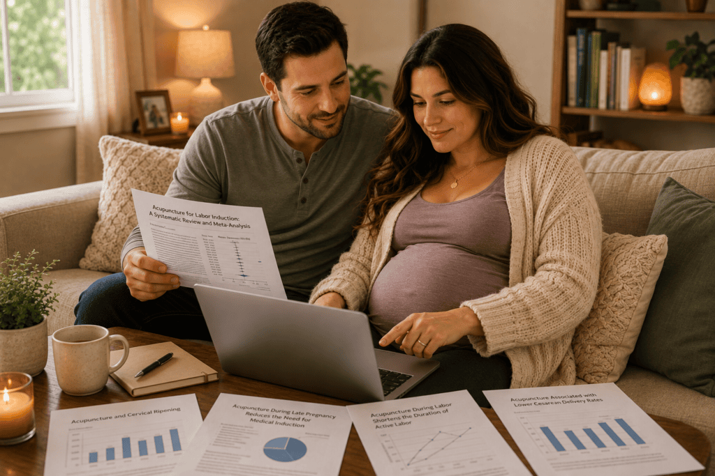 Person reviewing research documentation about acupuncture for labor induction cervical ripening and shortened active labor.