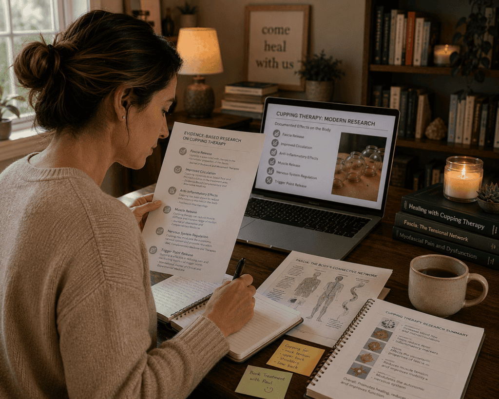 Person reviewing research documentation about fire cupping fascia release and its effects on chronic muscular tension patterns.