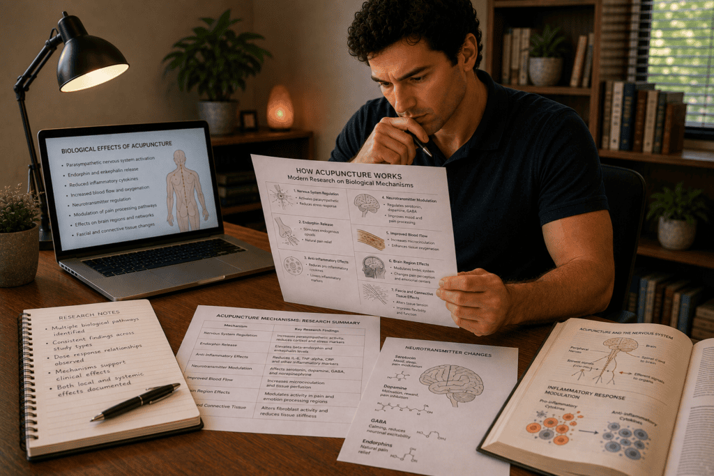 Research documentation and anatomical materials showing how acupuncture works through nervous system regulation endorphin release and other biological pathways.