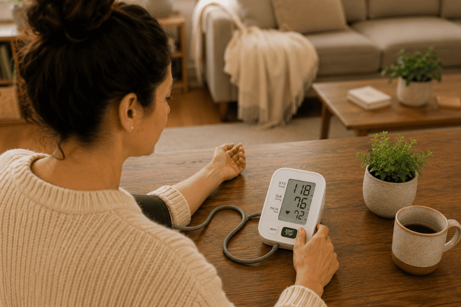 Woman checking her blood pressure at home with a digital monitor, viewed over her shoulder.