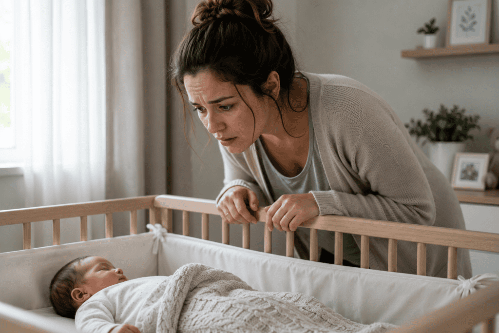 New mother anxiously watching over her sleeping baby, checking on the infant with a worried expression.