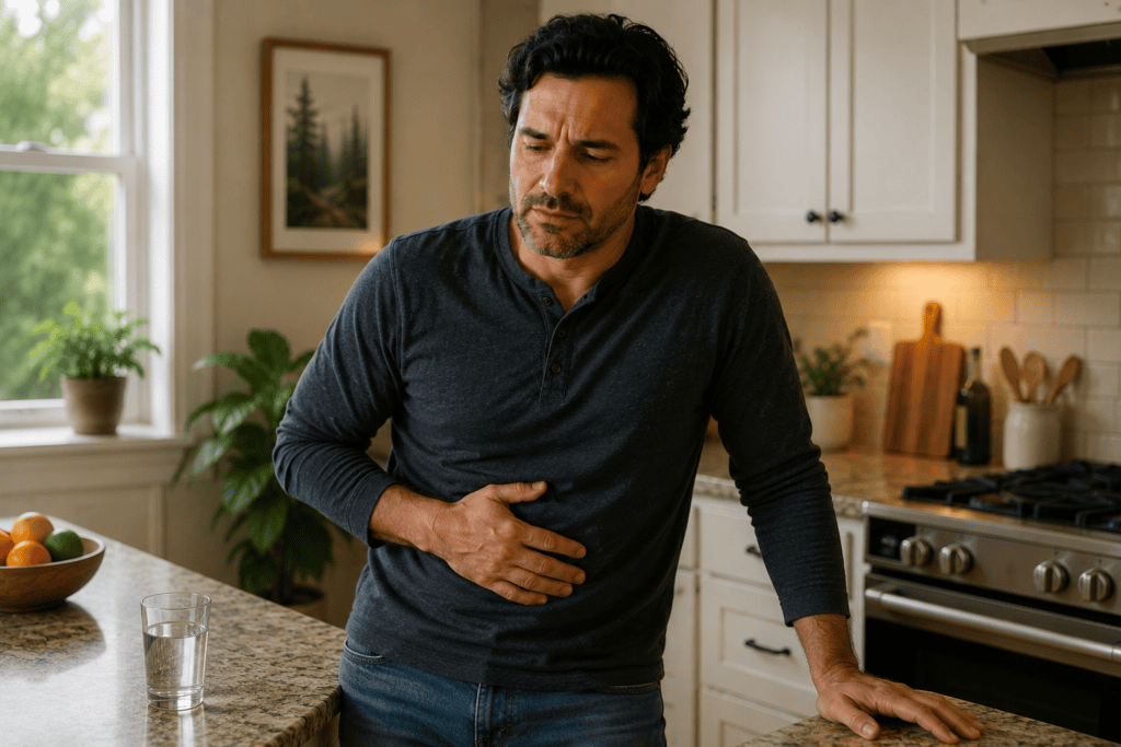 Person looking uncomfortable and holding their stomach while standing in a kitchen.