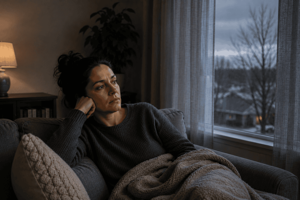 Person low on energy on a couch on a dark winter afternoon, curtains dim with gray light.
