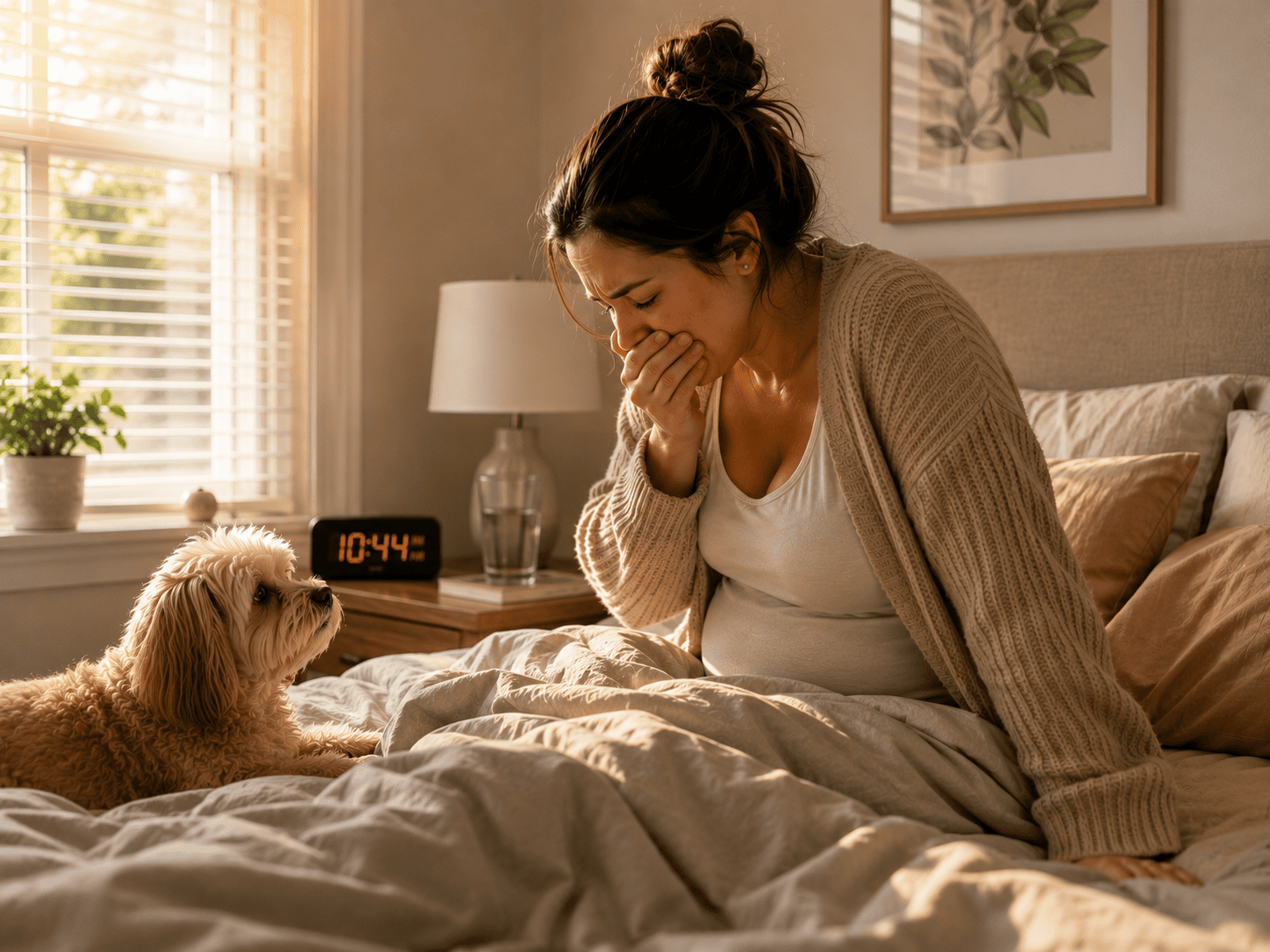 Pregnant woman sitting up in bed experiencing morning sickness while her small dog watches her with concern.